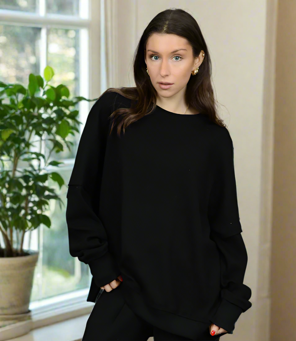 MIKKU LS CREWNECK HIGH LOW PULLOVER BLACK