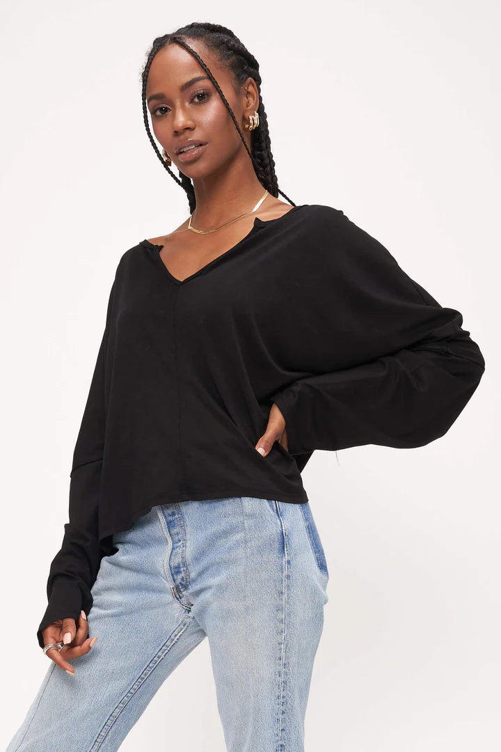 SAY SOMETHIN' NOTCH NECK LONG SLEEVE - BLACK
